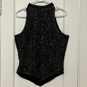 Papell Botique Evening VTG silk beaded halter top black navy size medium